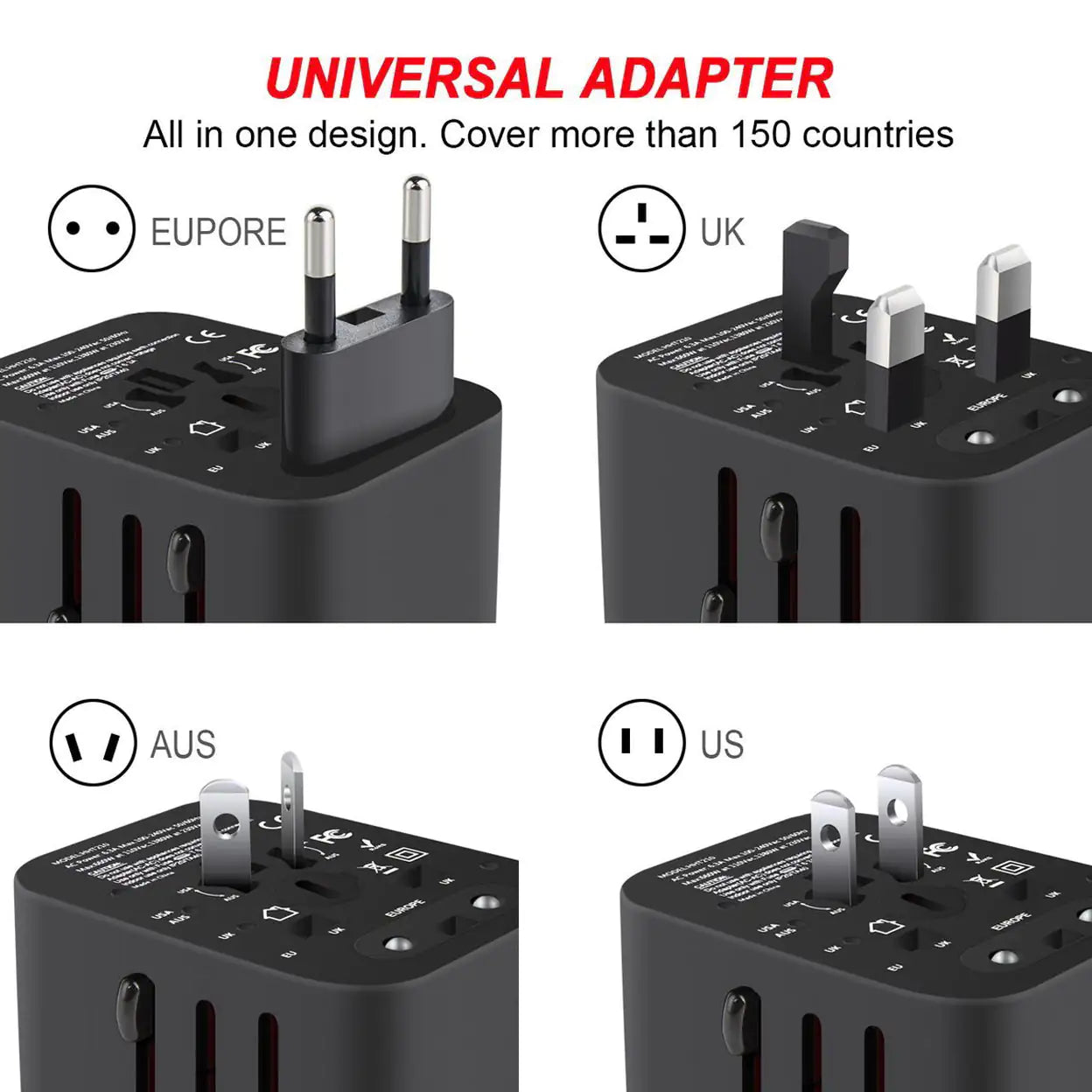 Worldwide Plug Adapter with 4 Port USB Fast Chargers and Surge Protection