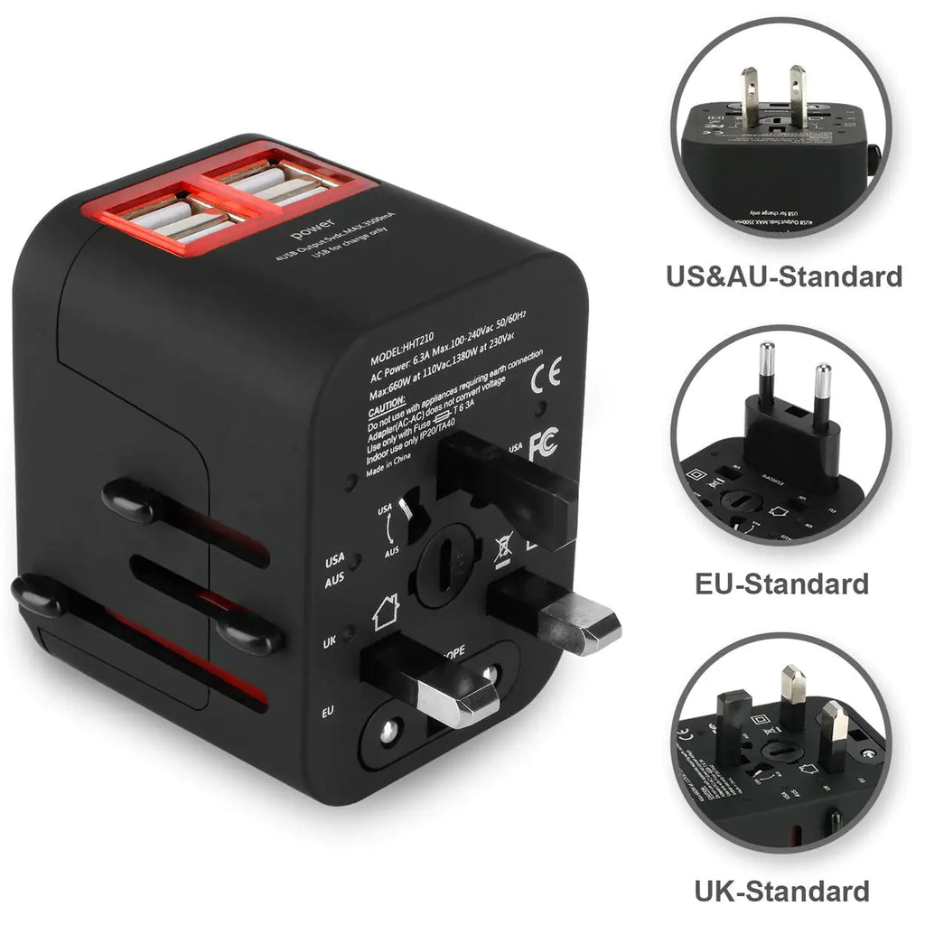 Worldwide Plug Adapter with 4 Port USB Fast Chargers and Surge Protection