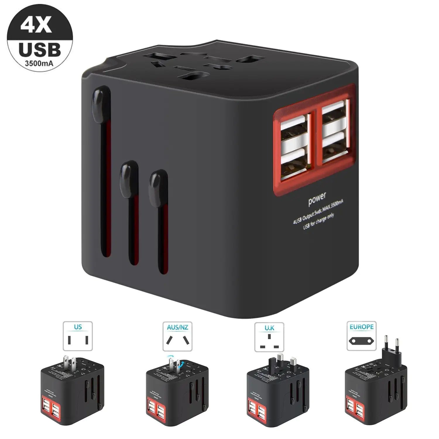 Worldwide Plug Adapter with 4 Port USB Fast Chargers and Surge Protection