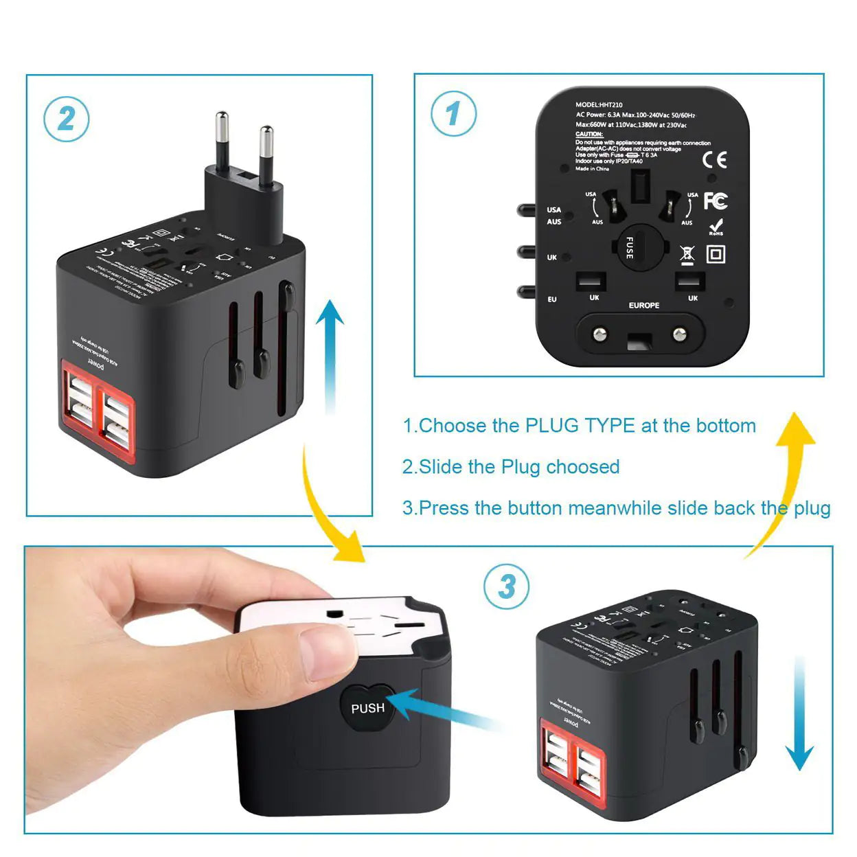 Worldwide Plug Adapter with 4 Port USB Fast Chargers and Surge Protection
