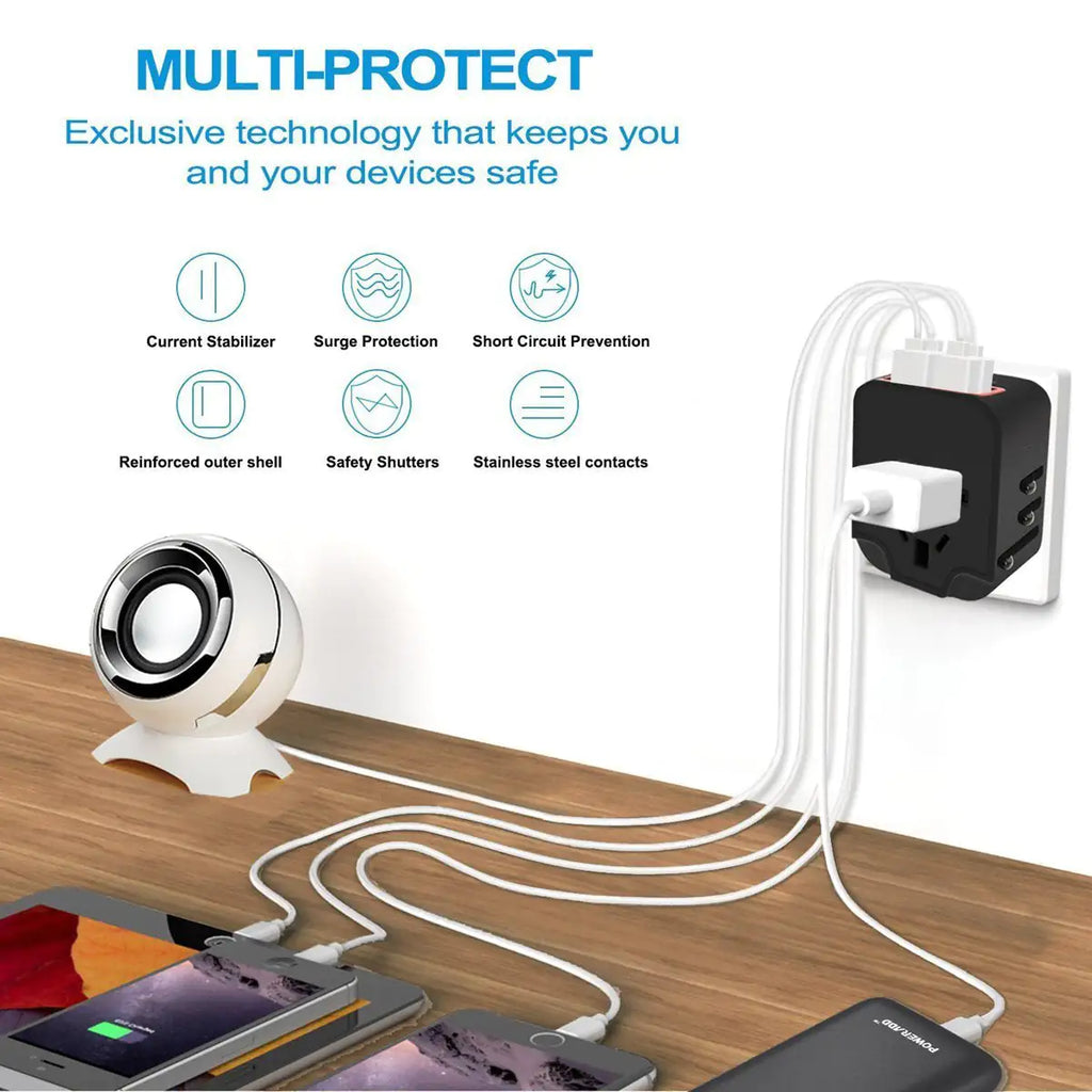 Worldwide Plug Adapter with 4 Port USB Fast Chargers and Surge Protection