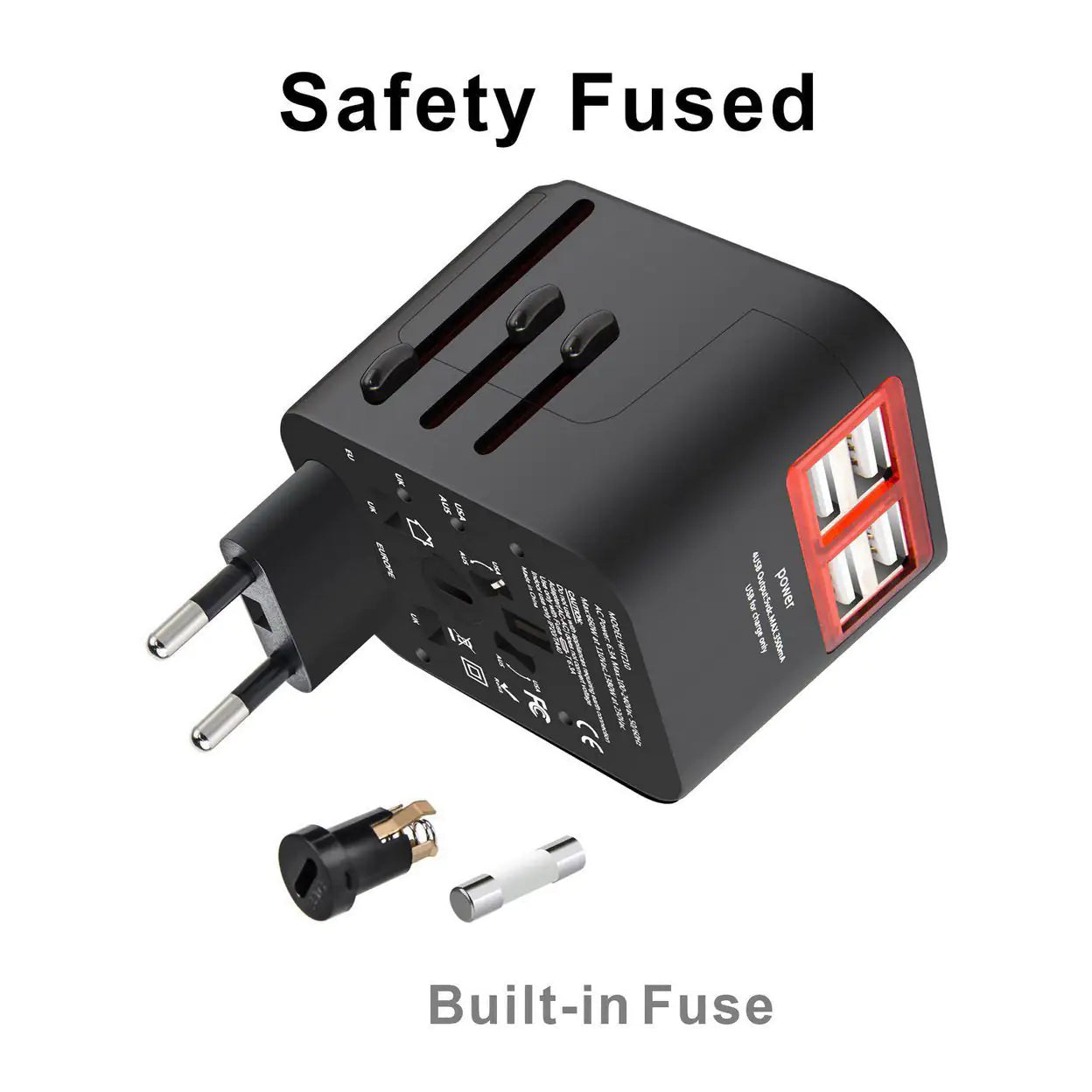 Worldwide Plug Adapter with 4 Port USB Fast Chargers and Surge Protection